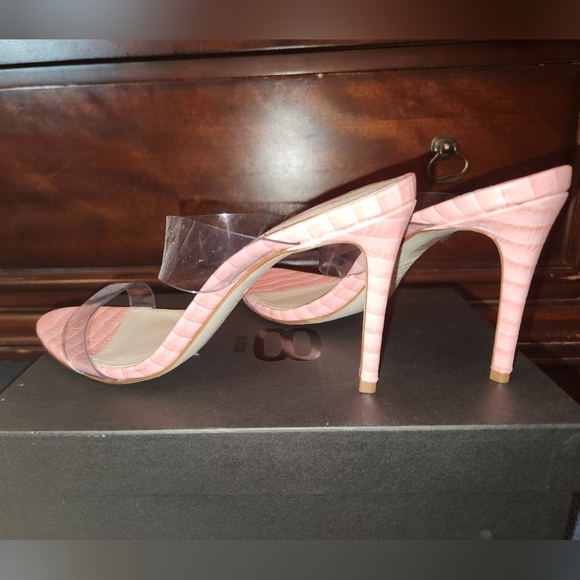 SCHUTZ PINK REPTILE LEATHER & LUCITE DOUBLE STRAP SLIDE SANDALS 10 NEW - Picture 6 of 12